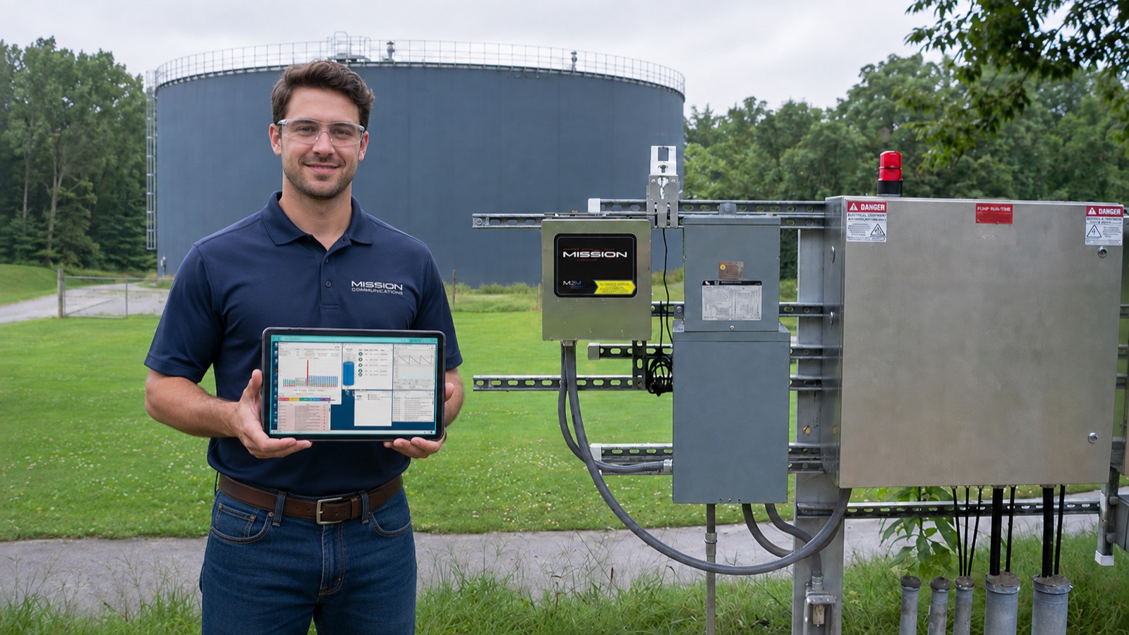 Mission technician holding a tablet showing 123SCADA in front of a water storage tank and RTU panel
