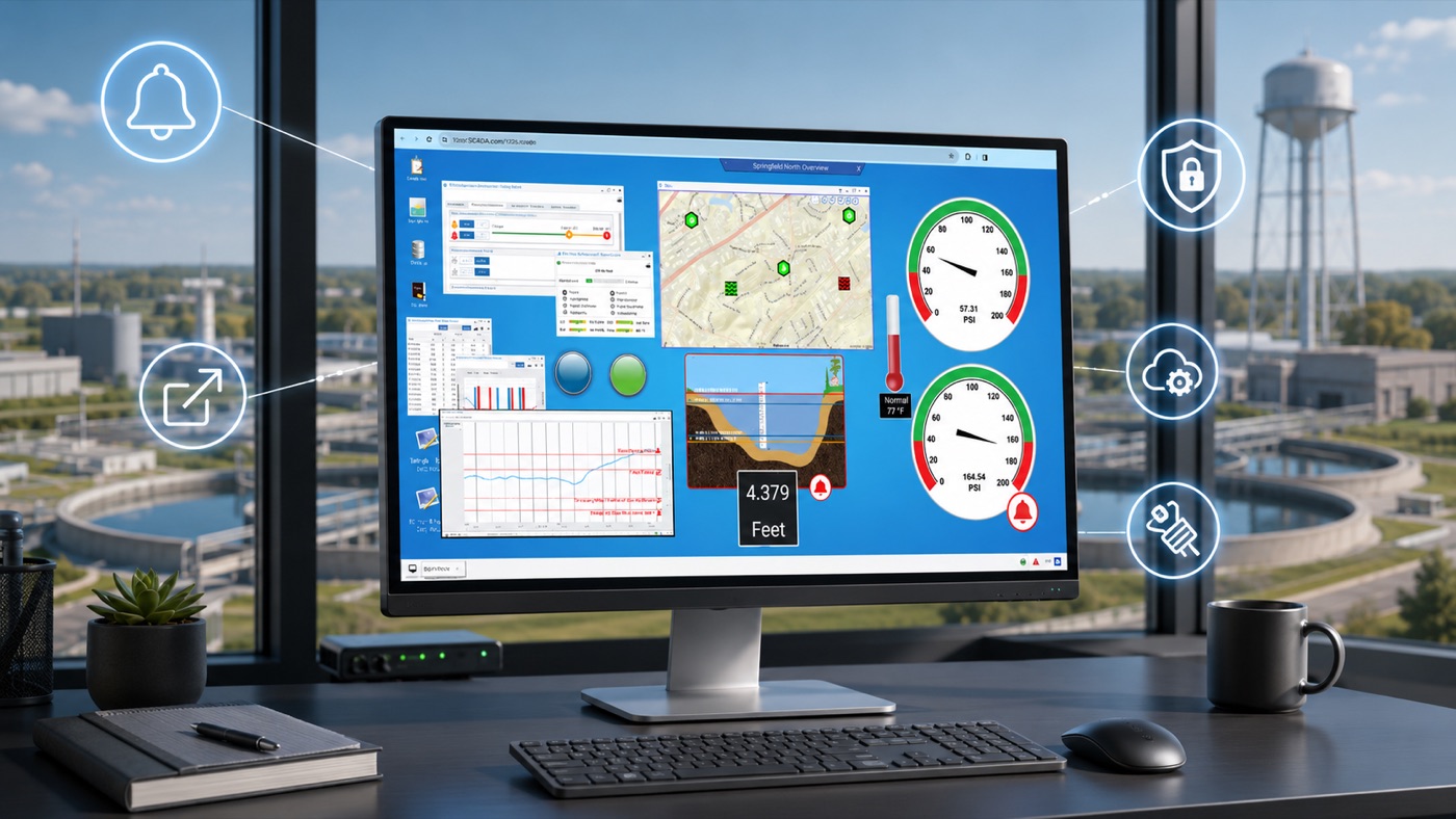 123SCADA dashboard showing a site map, level gauges, and alarm widgets