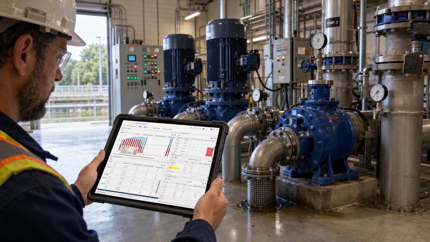 Operator reviewing 123SCADA on a tablet beside pump equipment
